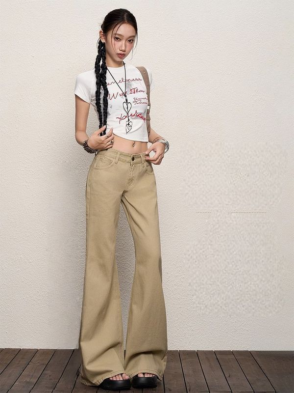 卡其色微喇牛仔裤女2025新款春夏美式垂感百搭不贴腿低腰喇叭裤子|undefined