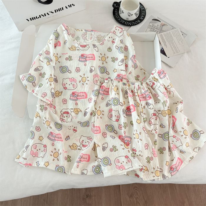 Venta al por mayor transfronteriza de pijamas vietnamitas verano femenino dibujos animados coreanos dulce y lindo estudiante estampado cuello redondo nube algodón estilo ins
