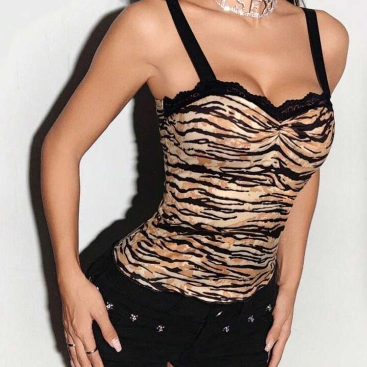 American-Style Spicy Girl Zebra Print Spaghetti Strap Tank Top with Lace Trim, Front Ruching, and Waist-Cinching Tight-Fitting Top