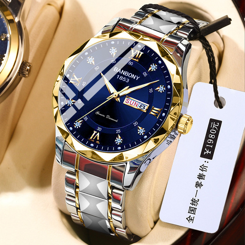 Dual Calendar Luminous Waterproof Men's Temu Foreign Trade Wholesale Men's Quartz Diamond-Studded Thin In-Stock Watch