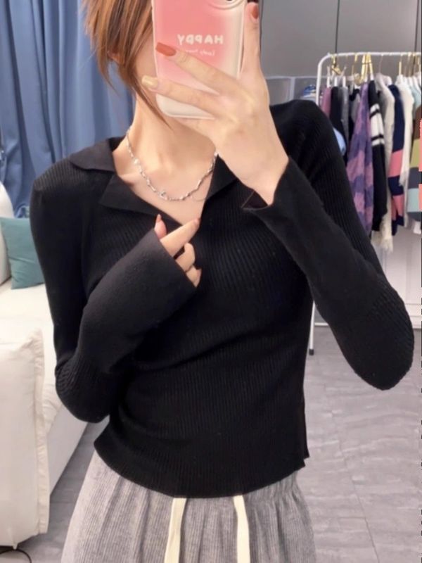 法式Polo领长袖针织衫女秋装设计感纯欲毛衣打底衫欧货上衣ins潮|undefined