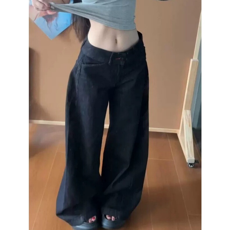 Black wide-leg jeans for women with a unique cross-waist design, 2026 new model, suitable for pear-shaped body, irregular floor-length straight pants Black wide-leg jeans for women with a unique cross-waist design, 2026 new model, suitable for pear-shaped body, irregular floor-length straight pants