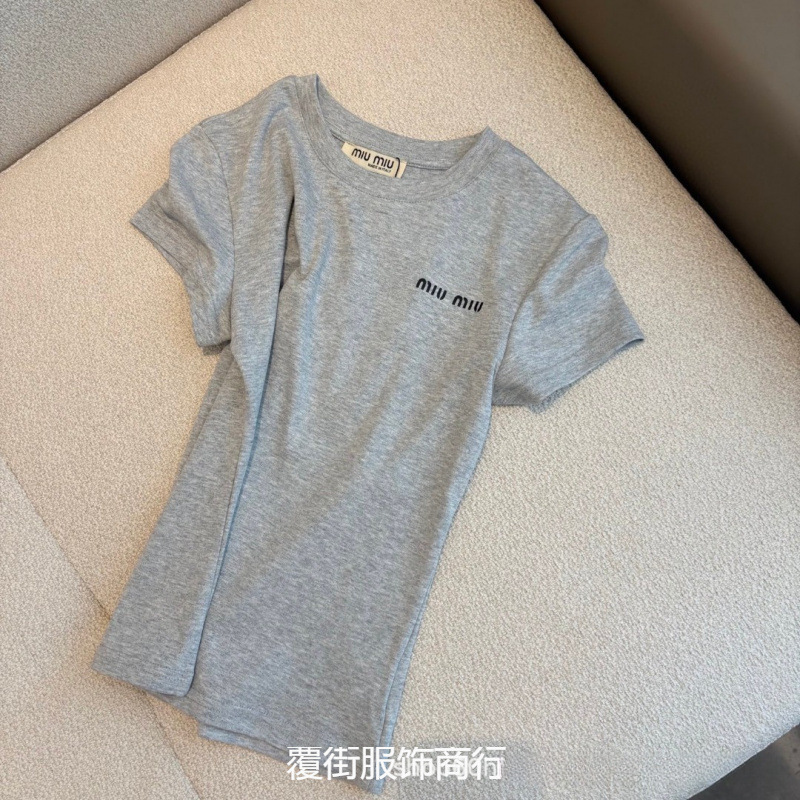 25春夏新作 シンプルベーシック 刺繍文字 4色半袖Tシャツ レディース ホワイト グレー|undefined