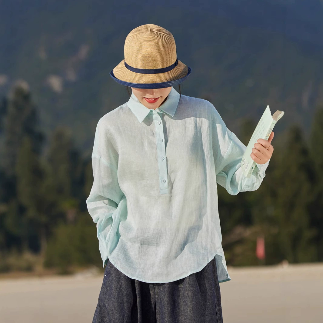 2025 весна и лето новый чистый льняный отворот с кардигами с длинными рукавами рубашка легкий тонкий топ солнцезащитный рубашка