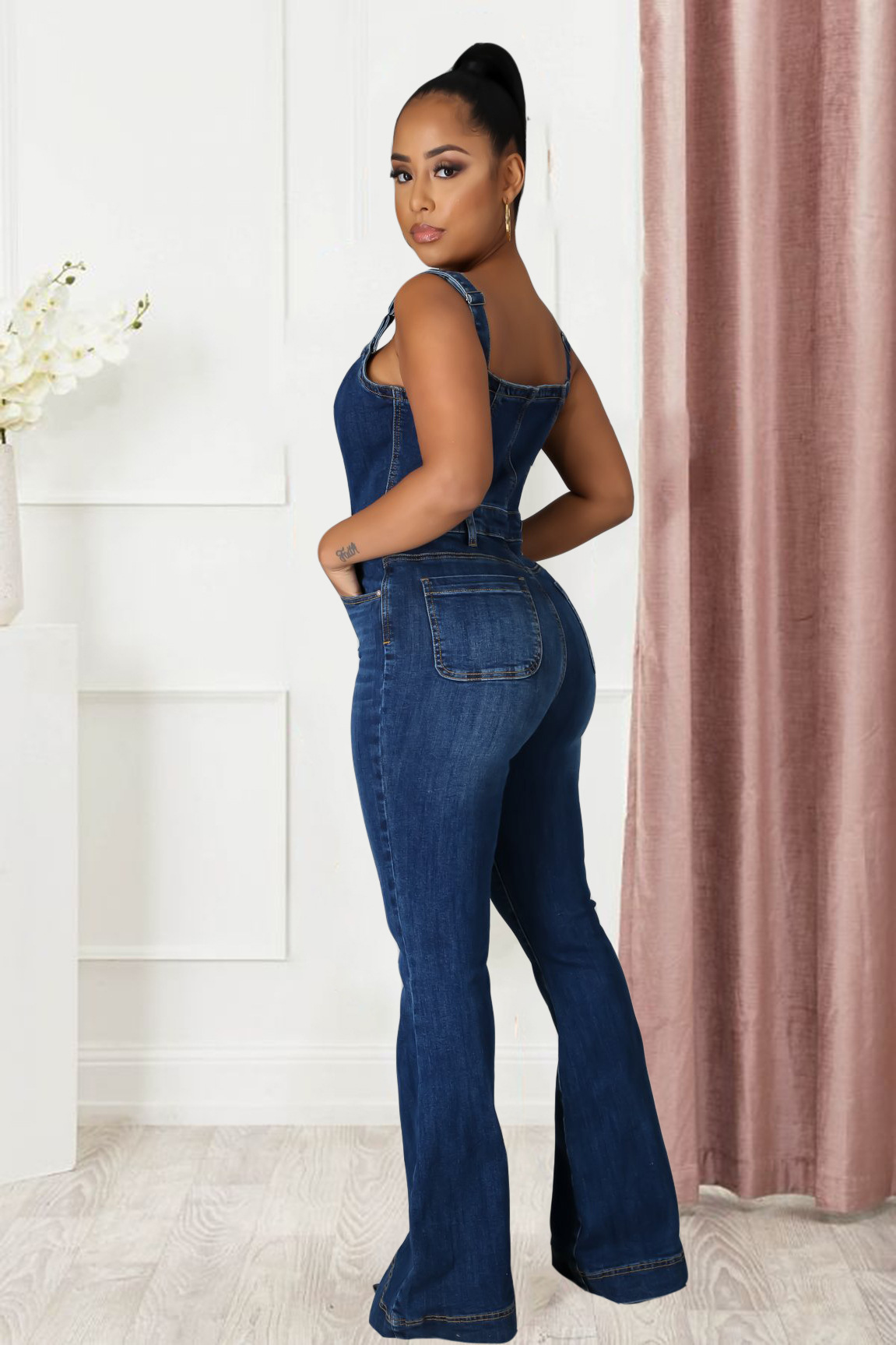 K Women's Fashion Casual Sexy Shoulder Strap Denim Jumpsuit Wide Leg Pants_ecoleips.com