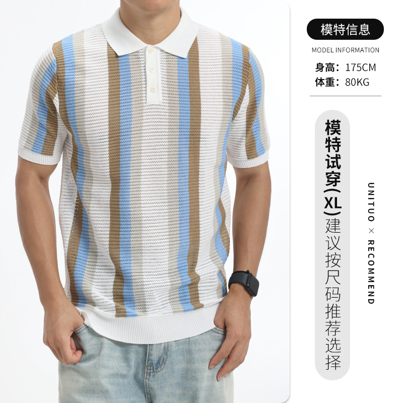 Verano para hombres barra vertical hueco de hielo de punto polo botón de solapa ligero de negocios camiseta casual camiseta superior