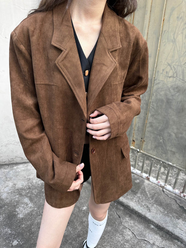 GAGD 焦糖女孩 巴恩风经典复古美拉德麂皮绒廓形夹克西装外套女|undefined