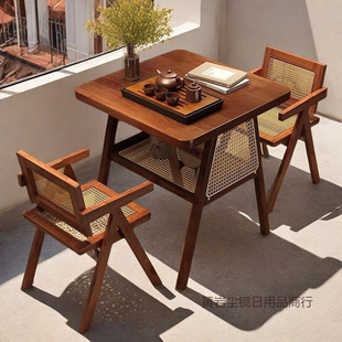 Solid Wood Balcony Tea Table and Chair Combination, Simple Negotiation Table, Internet Celebrity One Table and Two Chairs, Small Apartment Leisure Rattan Chair Three-Piece Set