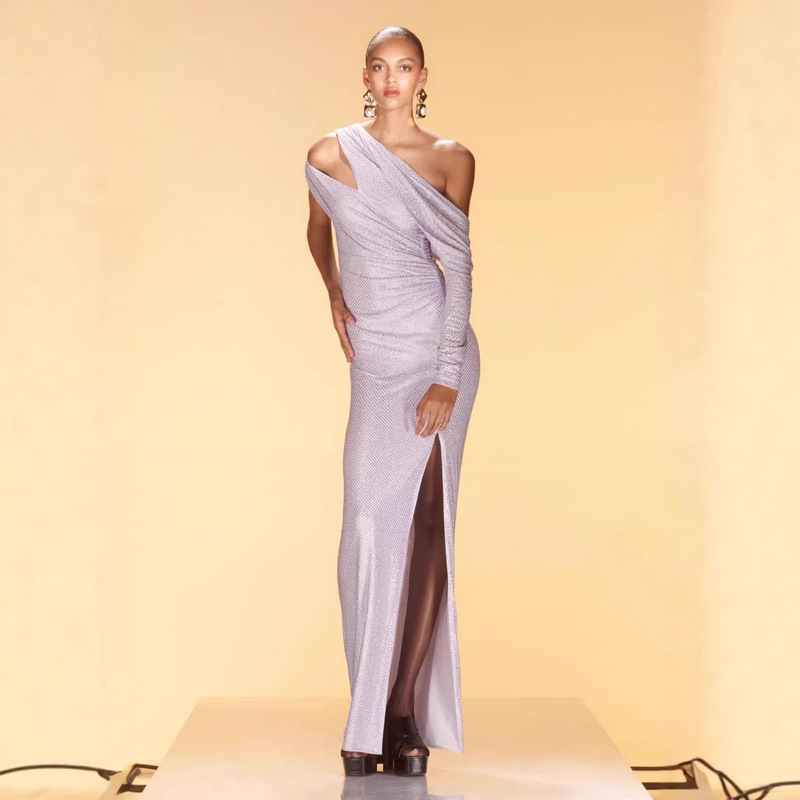 Cross-Border European and American Style Heavy-Duty Rhinestone Sexy Purple Long-Sleeve Off-Shoulder Slit Dress, One-Shoulder Birthday Party Evening Gown Cross-Border European and American Style Heavy-Duty Rhinestone Sexy Purple Long-Sleeve Off-Shoulder Slit Dress, One-Shoulder Birthday Party Evening Gown