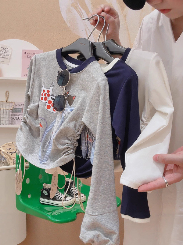 女童秋装抽绳长袖打底衫2025新款儿童装蝴蝶结卡通上衣女孩时髦童|undefined