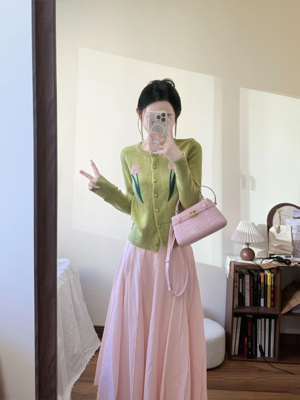 早秋穿搭一整套多巴胺气质甜美小个子宽松针织开衫半身裙子两件套|undefined