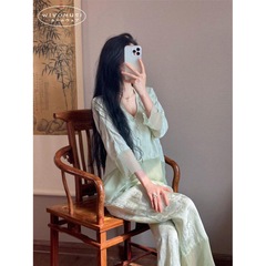 新中国風氷糸パジャマ女性春秋スーツ長袖ステッチ豪華気質高級感ホームウェア