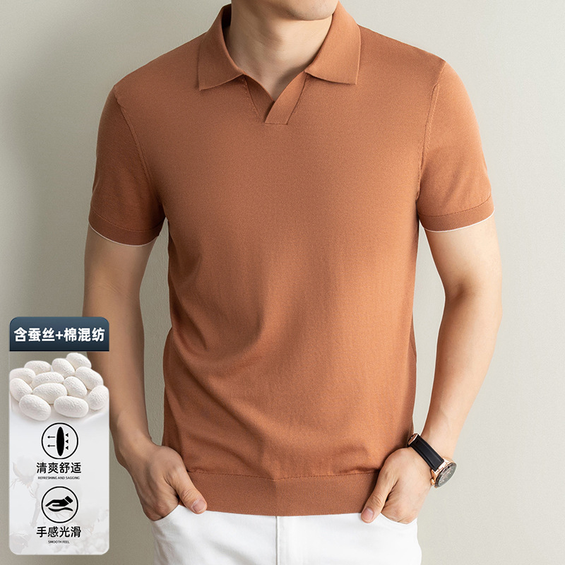 Light Luxury 128 Super Fine Silk Cotton Summer Short-sleeved Scissors Collar Sweater Men's Middle-aged and Young Solid Color Short-sleeved T-shirt Thin