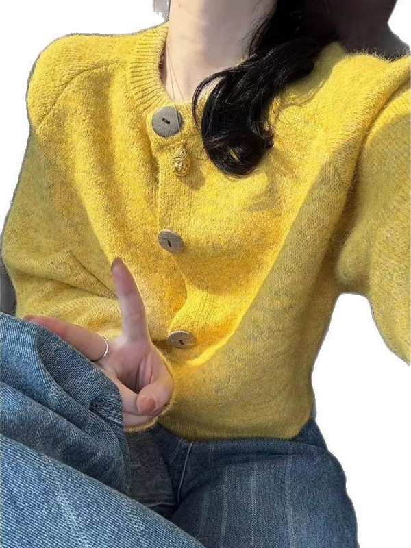 年齢を軽減するグースイエローカシミアの小さな柔らかくワックスのようなルーズニットカーディガン、女性用、春と秋のウェア、レイジースタイルのセータージャケット|undefined