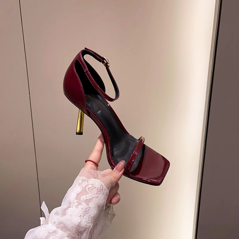 Gold Heel Strap~2026 Summer New Style Black Patent Leather Square-Toe High-Heeled Women's Sandals with Gold Heel and Open Toe