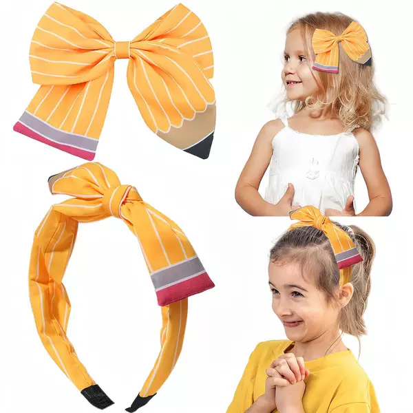 Cross-Border New Back-To-School Season Fabric Bow Children's Hair Accessories Yellow Pencil Bow Headband Baby Hairband