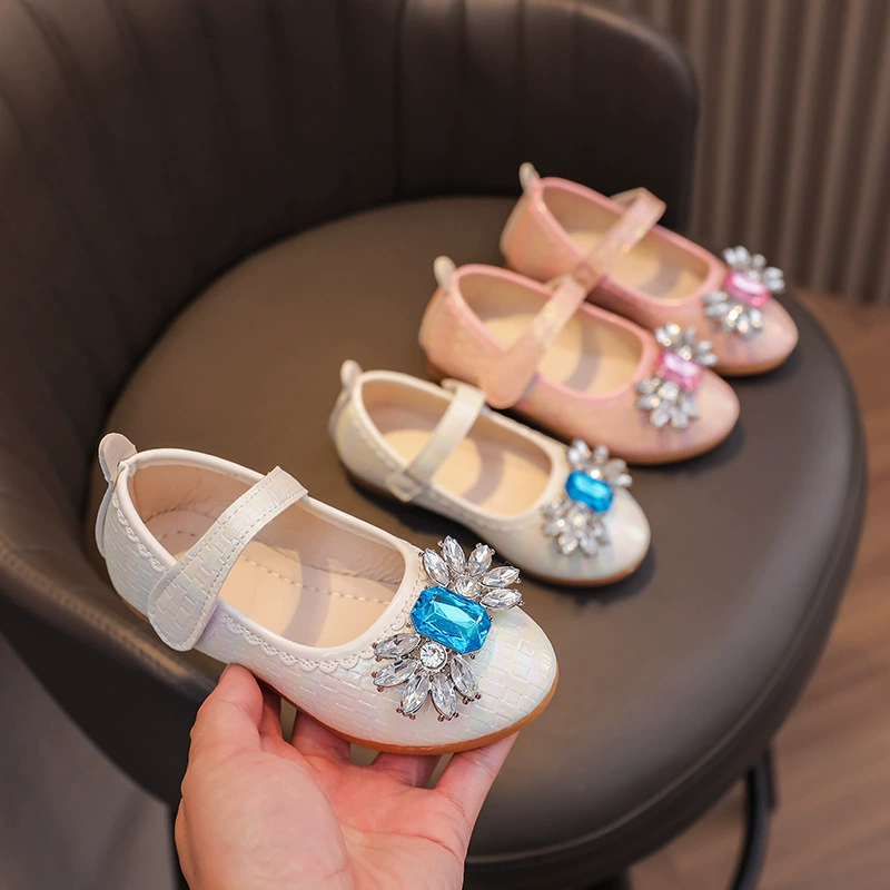 Children's leather pointed‑toe shoes with bow, Mary‑Jane style, sizes 21–36, pink or off‑white