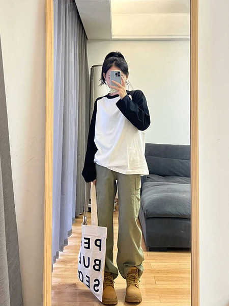 Foreign Trade 2025 Early Autumn New Black and White Shoulder Long Sleeve T-shirt Loose All-match Simple Inner Long Sleeve Top for Students