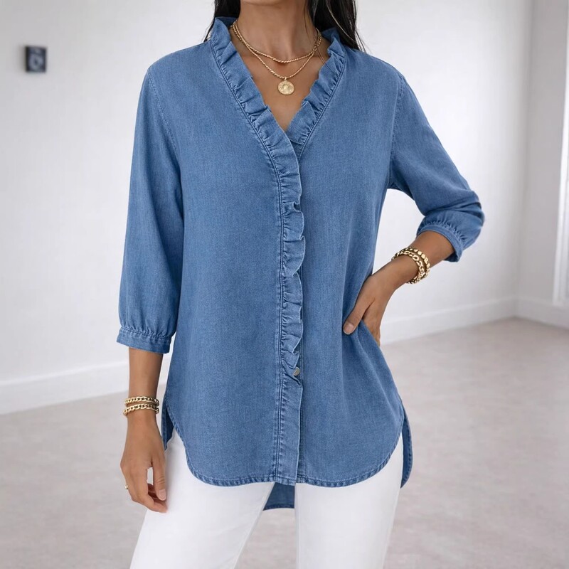 2026 Spring/Summer Cross-Border Amazon European and American Women's Casual Faux Denim V-Neck Ruffle Shirt Top