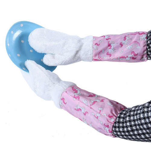 Household kitchen cleaning rag double-sided bamboo fiber dishwashing gloves extra long waterproof non-stick household gloves