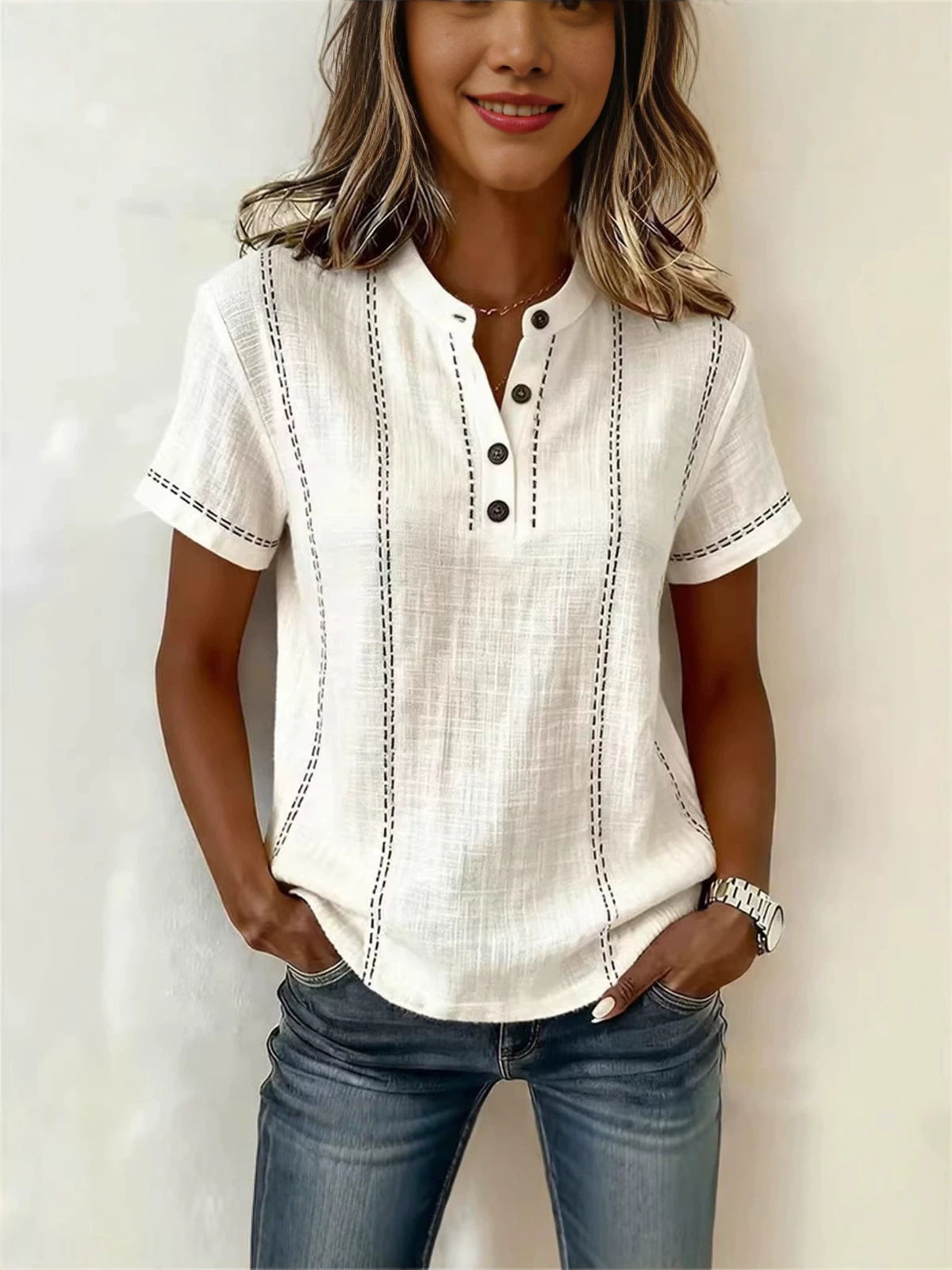 Transfronterizo 2026 estación independiente Amazon verano relajado casual explosión impresa botón de cuello de pie camisa de mujer de manga corta