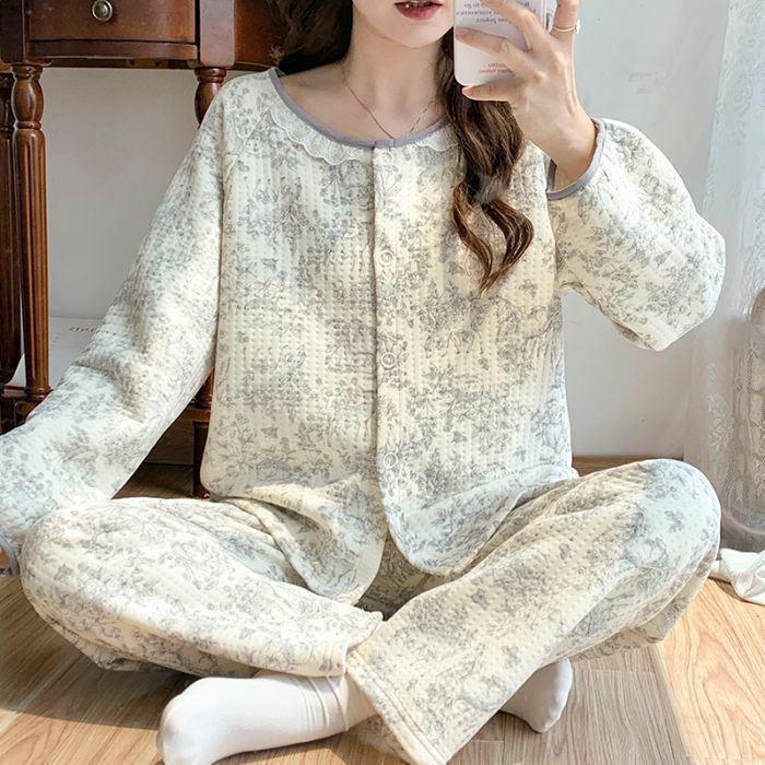 空气棉夹层睡衣女秋冬季加厚花边长袖套装甜美水墨画家居服可外穿|undefined