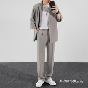 Light Mature Style Three-Quarter Sleeve Suit Men's Suit Summer Thin Korean Style Loose Mid-Sleeve Men's Suit Two-Piece Set Huangsha
