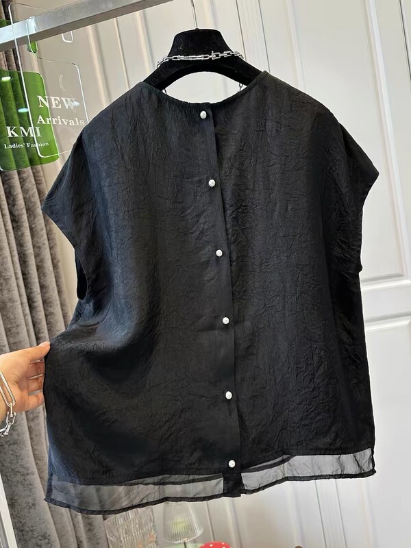 Plus-Size Women's Clothing for Fat Girls 120kg Simple Acetate Lightweight Single-Breasted Blouse with Small Flutter Sleeves Unique Loose Top for Women Plus-Size Women's Clothing for Fat Girls 120kg Simple Acetate Lightweight Single-Breasted Blouse with Small Flutter Sleeves Unique Loose Top for Women