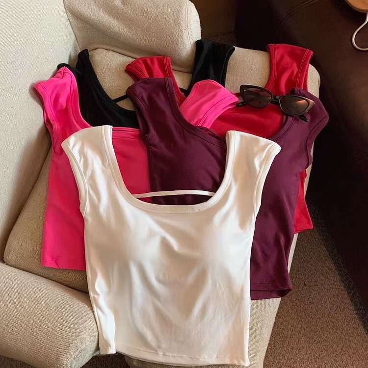 Hot Girl Slim-fit Slim-fit Short Base Wide Shoulder Vest Sexy Big Backless Small Fly Cuff Chest Pad Comfortable Top for Women
