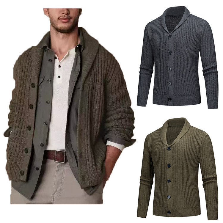 Cardigan de punto de hombre otoño-invierno con solapa nueva moda de mediana edad para usar hebilla suelta suéter de cuello en V para hombre
