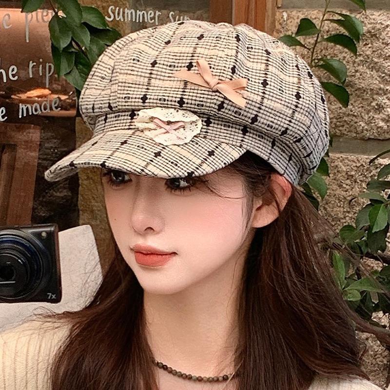 韩版秋季爱心蕾丝蝴蝶结格子贝雷帽子女甜美文艺百搭高级感画家帽|undefined