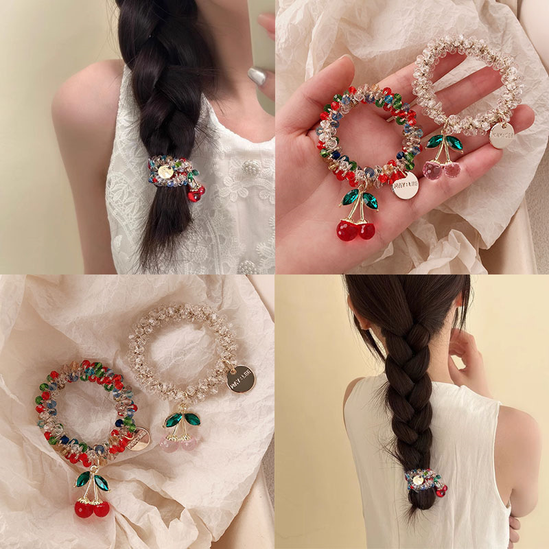 新款简约樱桃合金水钻发绳女送闺蜜手链两用皮筋扎马尾发圈头绳|undefined
