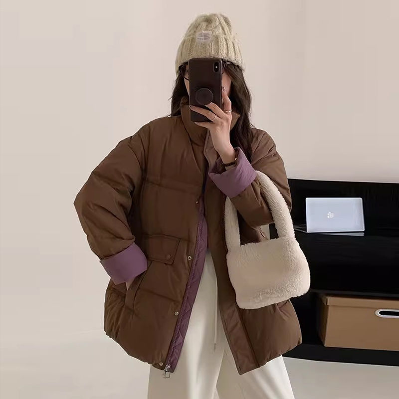 韩版羽绒服女中长款冬季2025新立领小个子白鸭绒宽松气质廓形外套