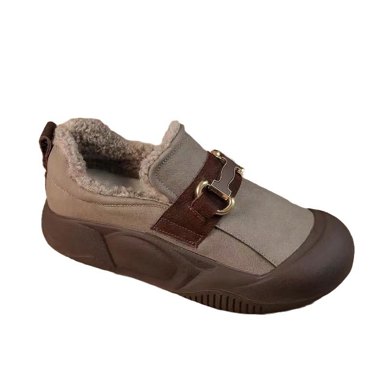 2024 otoño y invierno nuevos zapatos de calentamiento de lana perezoso con un pedazo de aire extranjero zapatos de algodón de red rojo con suela gruesa zapatos casuales de mujer