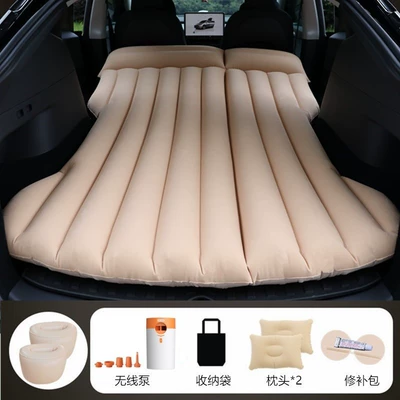 Vehicle-mounted inflatable bed: Pad Car Travel Mattress Rear - beige-tesla-model-y-with-round-white-and-orange-pump-a-pair-of-round-piers