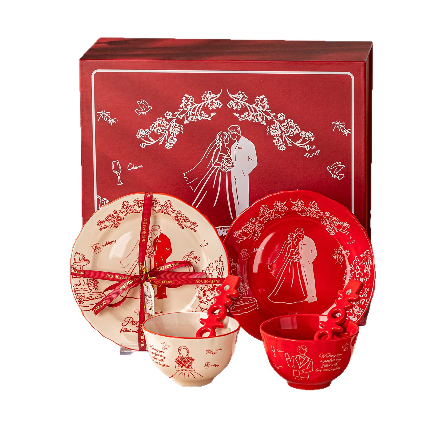 Bozos de boda de alta calidad, platos de fiesta, cubiertos, cajas de regalo, casadas, regalo de mano, cubiertos de cerámica, set de regalo