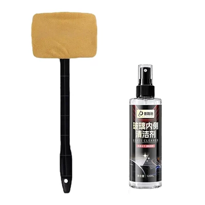 car suede cleaning brush, front: Car cleaning tools - suede-glass-brush-brown1-glass-interior-cleaner1-bottle