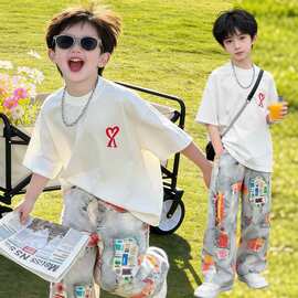 外贸洋气男童夏季短袖套装2026新款韩版洋气薄款娃娃阔腿裤两件套