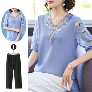 Mom's Summer Short-Sleeved T-Shirt, Middle-Aged Women's Ice Silk Top 2025 New Middle-Aged and Elderly Style Knitted Knitwear Suit