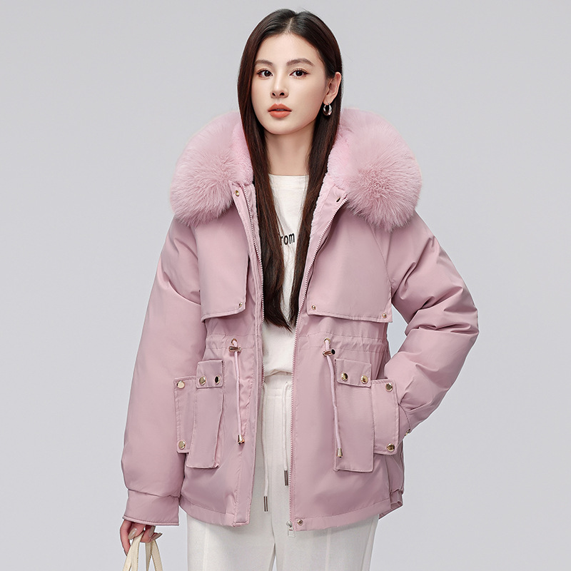 Comercio exterior corto para mujeres 2024 invierno nuevo estilo coreano plumón chaqueta de algodón gruesa y chaqueta caliente de lana grande