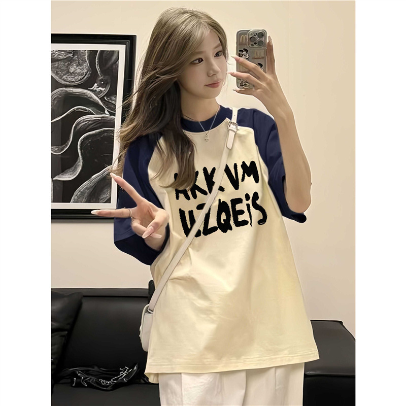 Dopamine Contrasting Color Raglan Short-Sleeved T-Shirt for Women Summer 2025 New Junior High School and High School Students Loose Half-Sleeved Tops