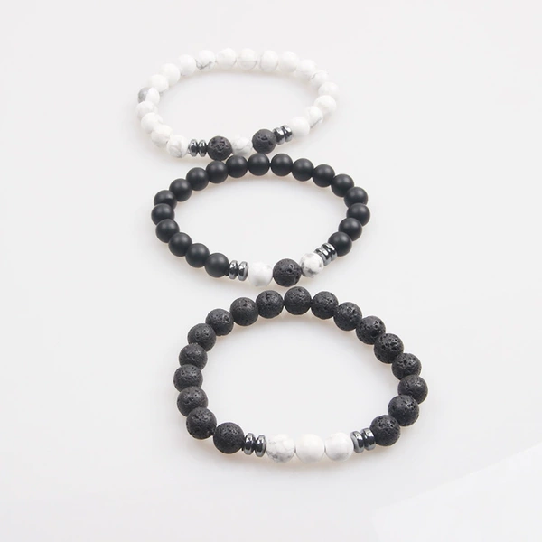 Set of white pine + black stone + volcanic stone bracelet