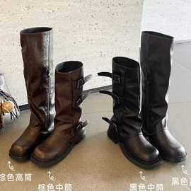 真皮~内增高黑色中长筒裤管靴女秋西部牛仔骑士靴厚底褶皱堆堆靴