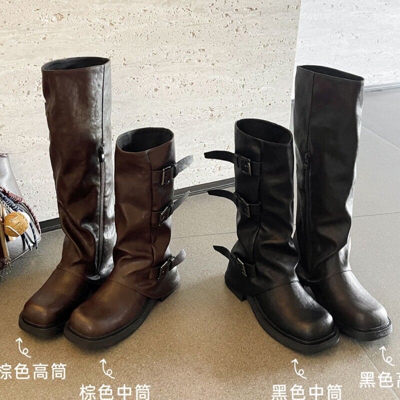 Genuine Leather ~ Inner Height-Increasing Black Mid-Calf Boots for Women, Autumn Western Cowboy Riding Boots, Thick-Soled Ruched Slouch Boots