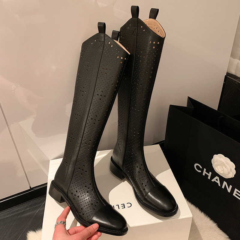 Boot nữ cổ cao rỗng dạng lưới, phong cách thể thao, ống cao thoáng khí — Màu đen