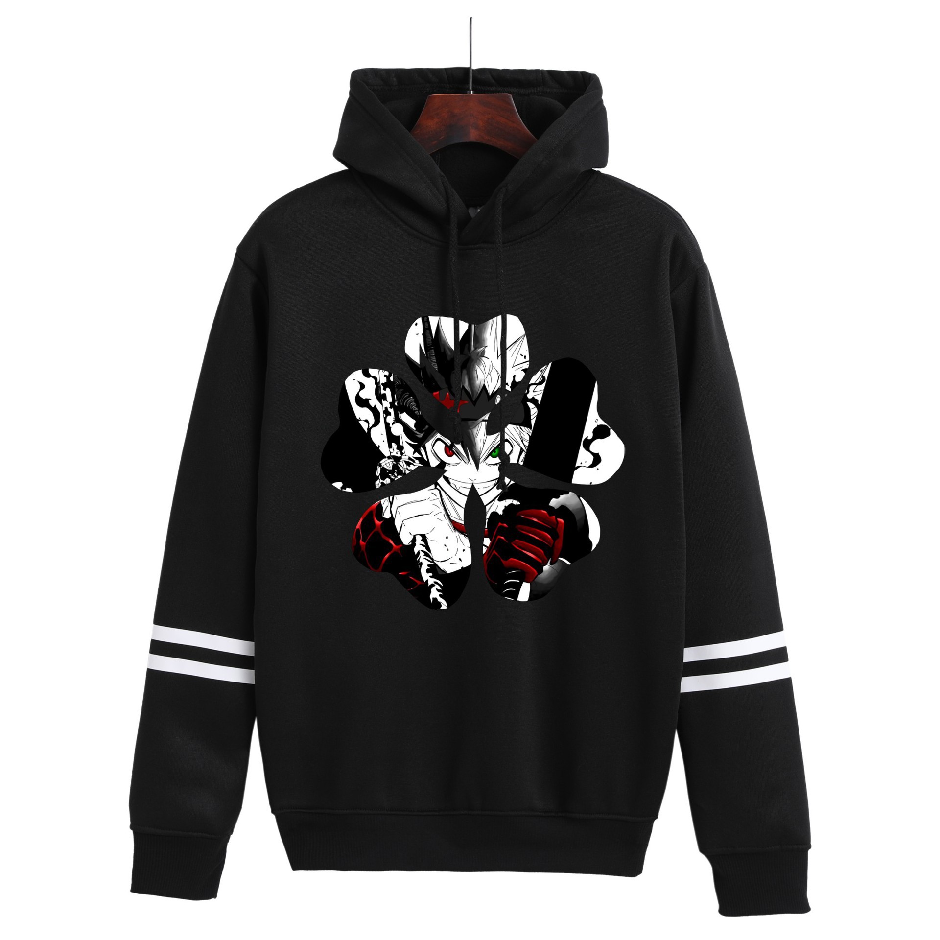 Amazon hombres y mujeres anime trébol negro Black Clover estampado con capucha pareja suéter de barras paralelas