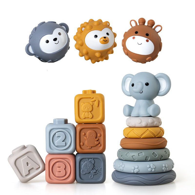 Juguetes transfronterizos de agarre de mano para bebés y niños pequeños, bloques de bloques de goma suave, círculos apilados, pellizcos para bebés, juguetes apilados de bolas image 24
