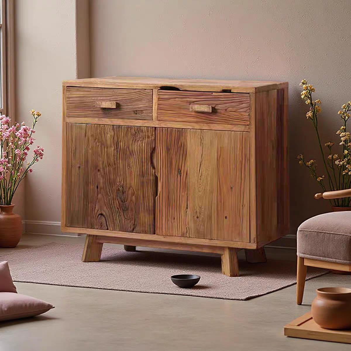 Chinese-style old elm wood sideboard, rustic-style coffee table cabinet, entryway storage cabinet, multi-compartment bedroom wooden side cabinet