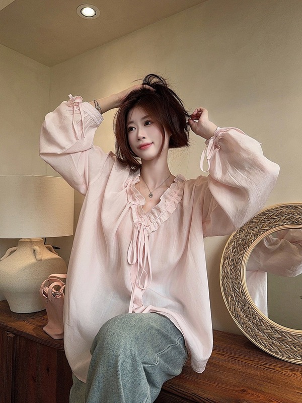 设计感木耳边系带长袖衬衫女装2025新款秋季小众薄款宽松V领上衣|undefined