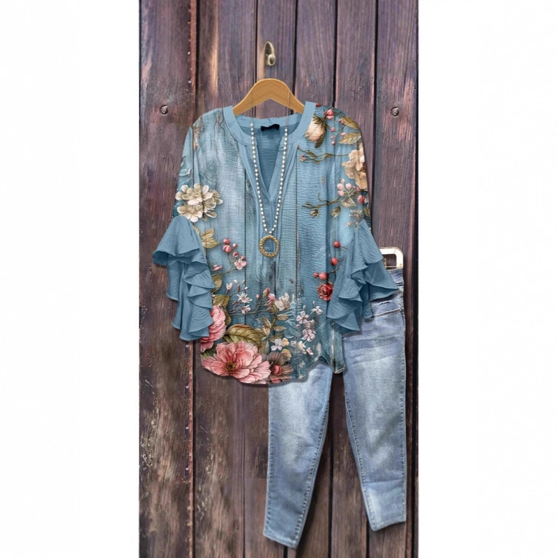 3D New Cross-Border Creative Floral Element Print Digital Loose Casual Trendy V-Neck Ruffle T-Shirt Women's Top 3D New Cross-Border Creative Floral Element Print Digital Loose Casual Trendy V-Neck Ruffle T-Shirt Women's Top